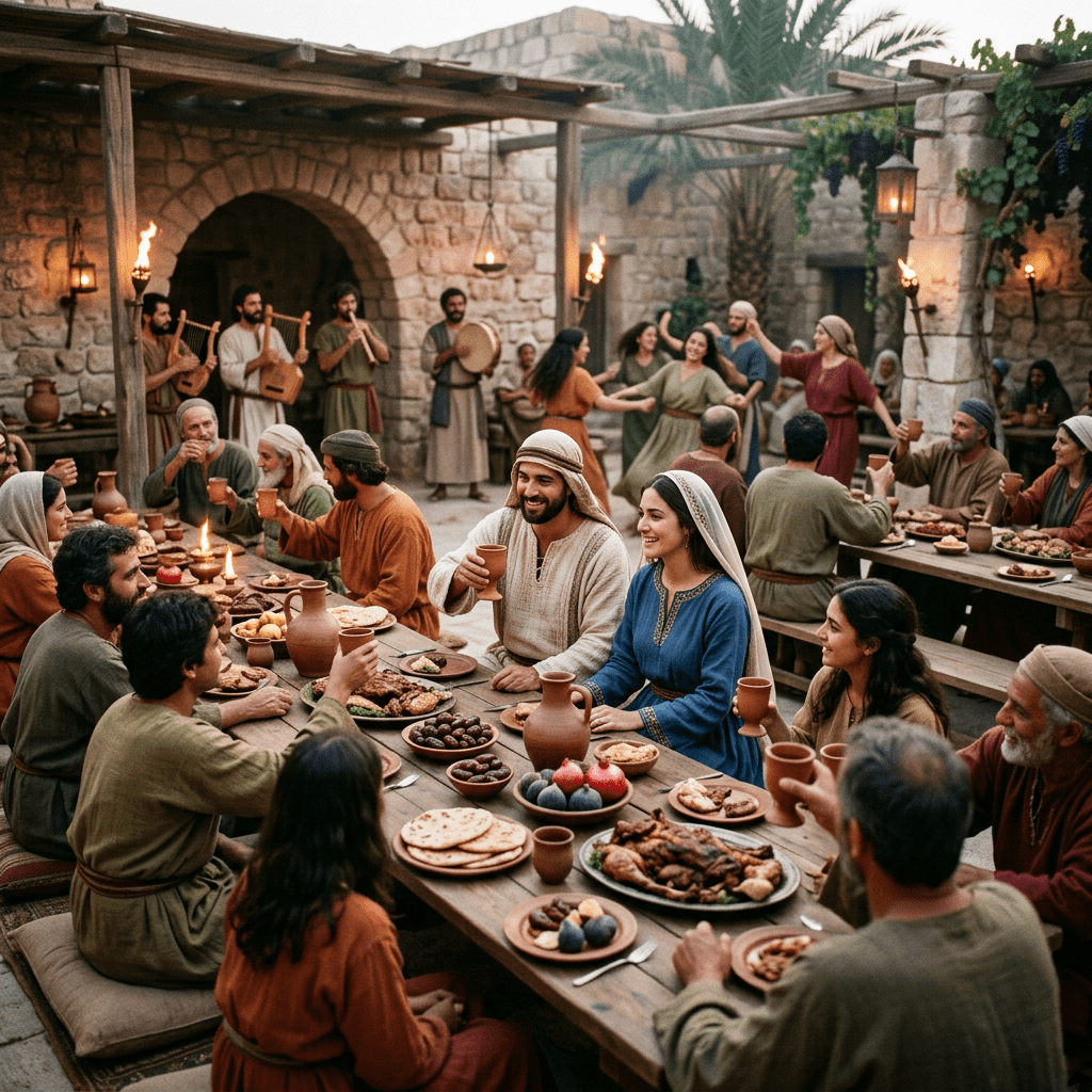 People in ancient clothing sharing a festive meal and dancing in stone courtyard